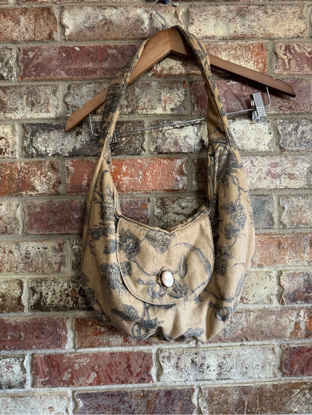 Stunning handmade Beige Floral Hobo Bag with Removal Cameo  Accent